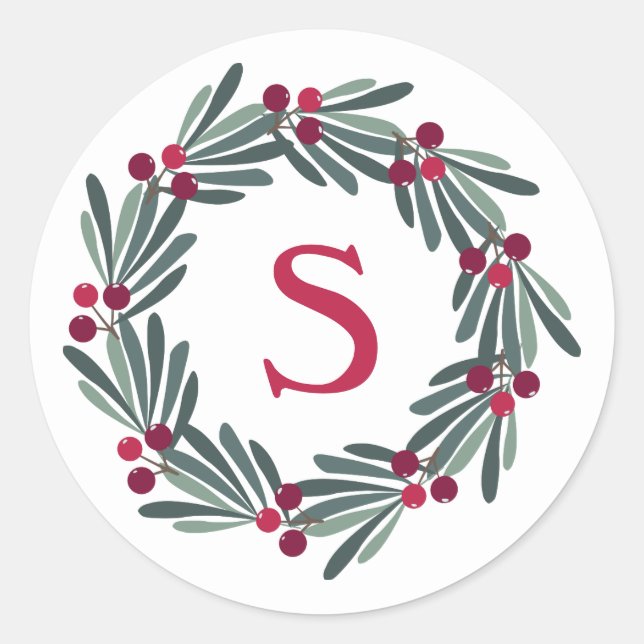 "S" Monogram Holly Berry Wreath Runder Aufkleber (Vorderseite)