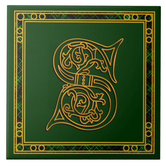 S Monogram "Irish Gold on Green" Keramik Tile Fliese (Vorderseite)