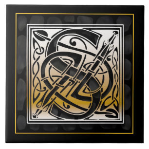 S Monogram Keltic Black Stone Keramik Tiles Fliese