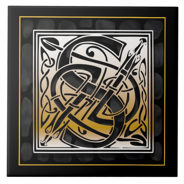S Monogram Keltic Black Stone Keramik Tiles Fliese (Vorderseite)