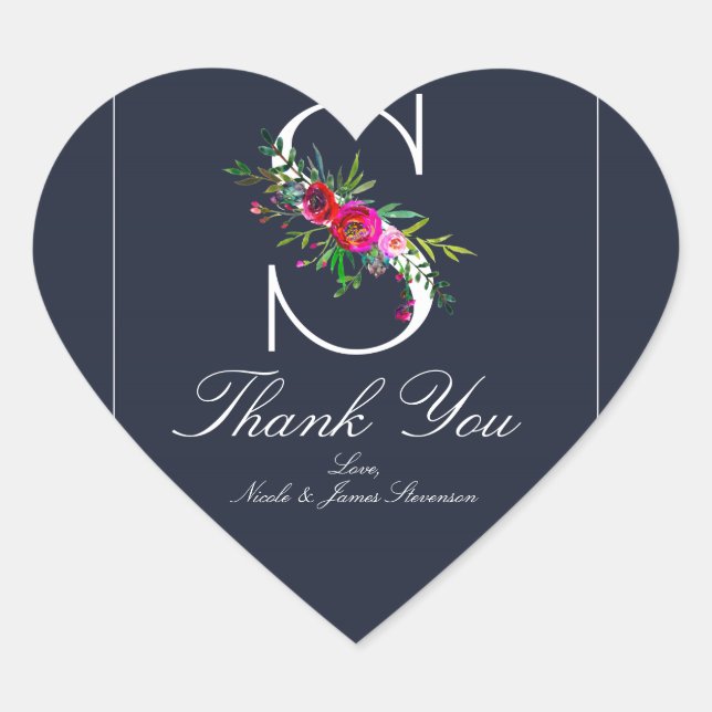 S Monogram Last Erststart Modern Blue Floral Weddi Herz-Aufkleber (Vorderseite)