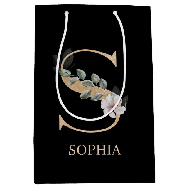 S Monogramm Floral Personalisiert Mittlere Geschenktüte (Vorderseite)