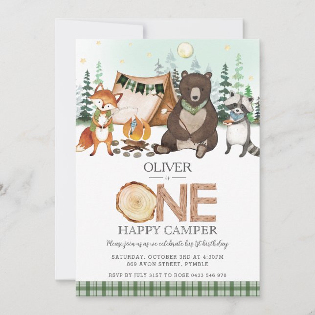 S more Camping Bonfire Woodland One Happy Camper Einladung (Vorderseite)