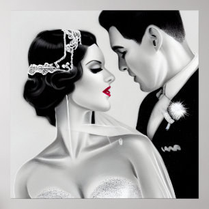S/W Retro Art Deco Vintage Braut & Bräutigam Poster