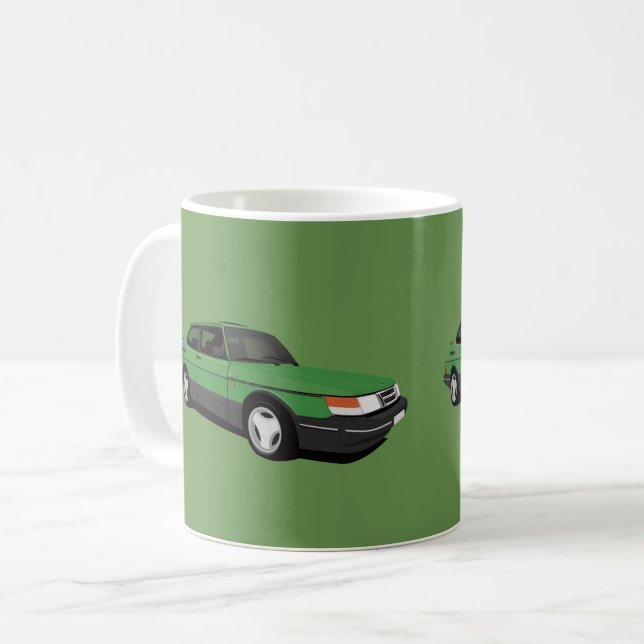 Saab 900 Turbo 16 Aero, zwei grüne graue Bilder Kaffeetasse (Vorderseite Links)