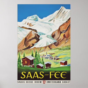 Saas Fee Schweiz Vintage Reiseposter, Schweizer Poster