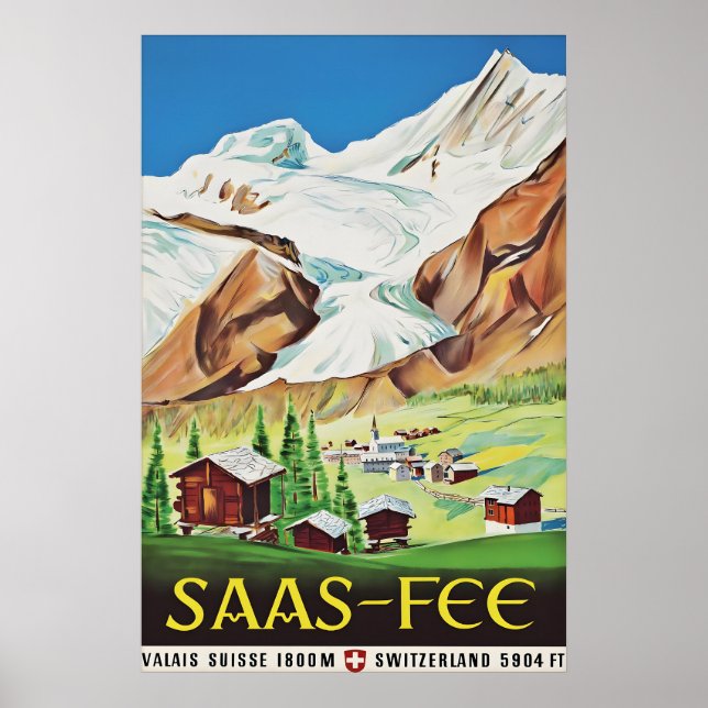 Saas Fee Schweiz Vintage Reiseposter, Schweizer Poster (Vorne)