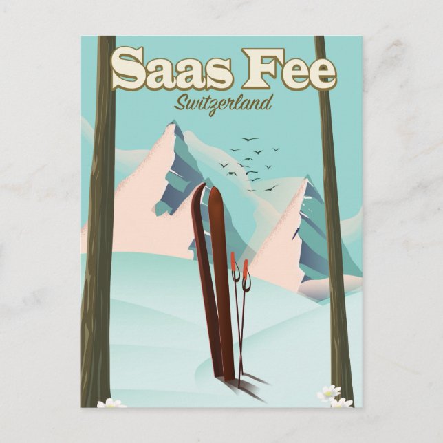 Saas Fee Ski Reiseplakat drucken Postkarte (Vorderseite)