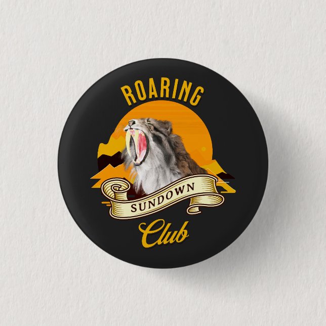 Säbelzahn-Tiger Retro-Sonnenuntergangs-Abenteuercl Button (Vorderseite)
