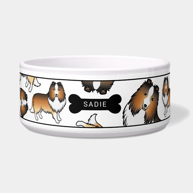 Sable Cartoon Sheltie Hunde Muster & Name Napf (Vorderseite)