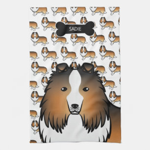 Sable Cartoon Sheltie mit Hundeknochen und Namen Geschirrtuch