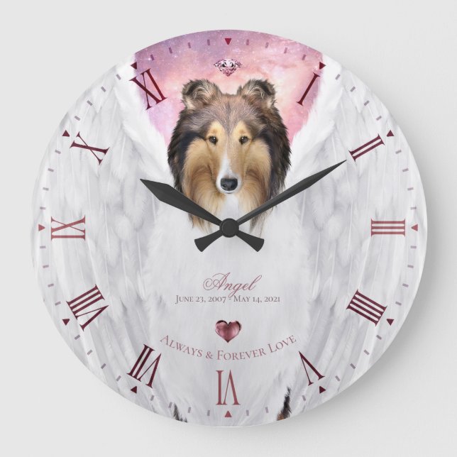 Sable Collie Angel Keepake, Pink Roman Dial - Große Wanduhr (Vorderseite)