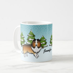 Sable-Sheltie-Cartoon-Hund im Winter & Name Kaffeetasse