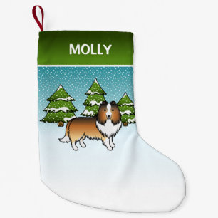 Sable-Sheltie-Cartoon-Hund im Winter & Name Kleiner Weihnachtsstrumpf