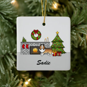 Sable-Sheltie-Hund in einem Weihnachtszimmer & Nam Keramikornament
