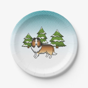 Sable Shetland-Schäferhund in einem Winterwald Pappteller