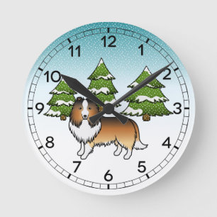 Sable Shetland-Schäferhund in einem Winterwald Runde Wanduhr