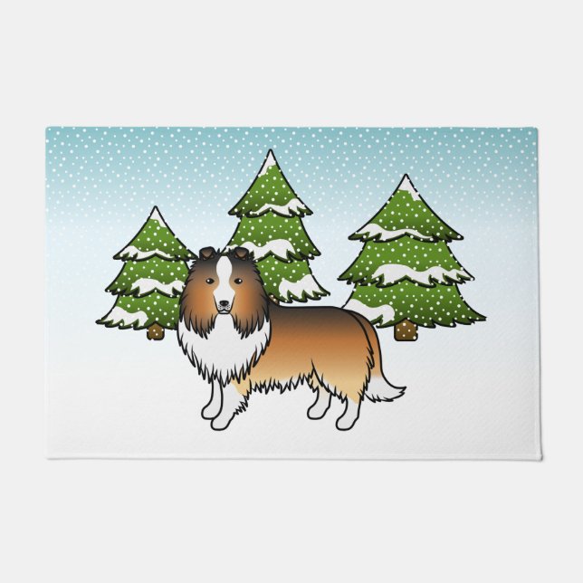 Sable Shetland Sheepdog im Winterwald Fußmatte (Vorderseite)
