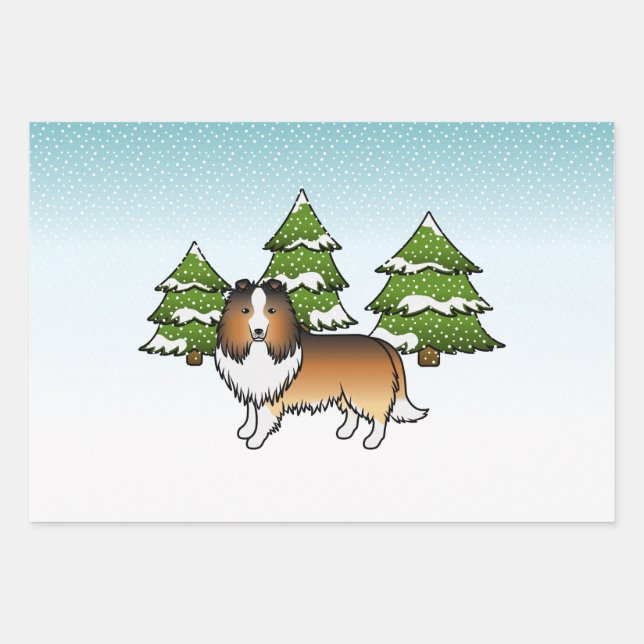 Sable Shetland Sheepdog im Winterwald Geschenkpapier Set (Vorderseite)