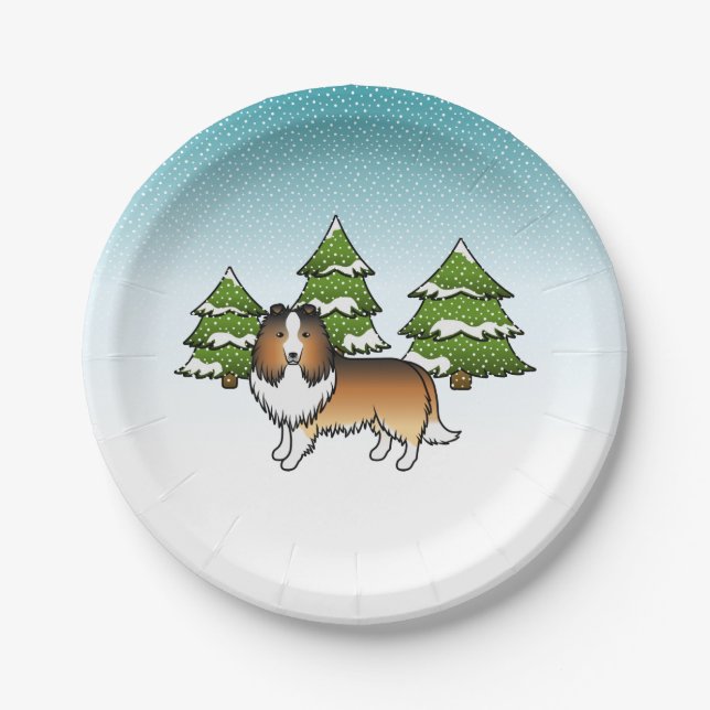 Sable Shetland Sheepdog im Winterwald Pappteller (Vorderseite)