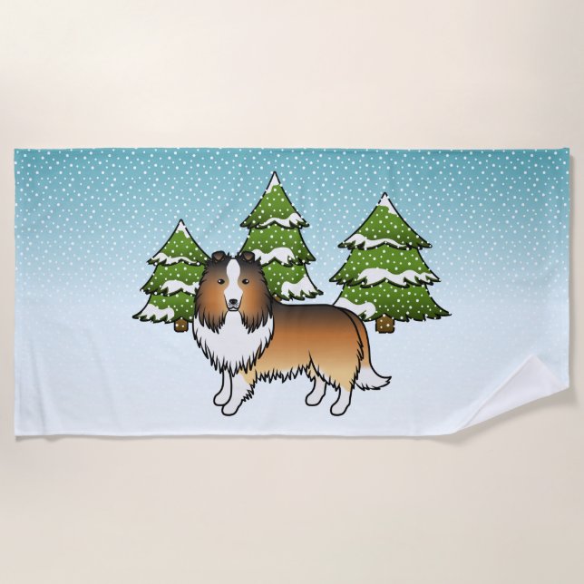 Sable Shetland Sheepdog im Winterwald Strandtuch (Vorderseite)