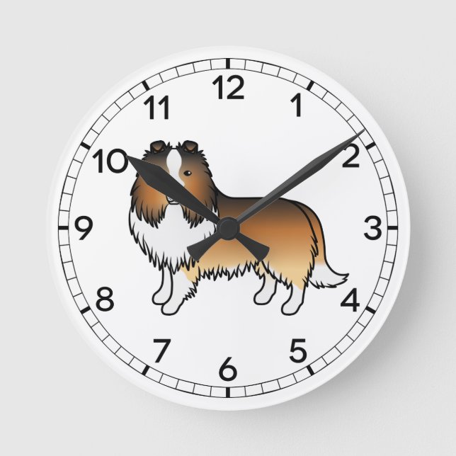 Sable Shetland Sheepdog Sheltie Cartoon Dog Runde Wanduhr (Vorderseite)