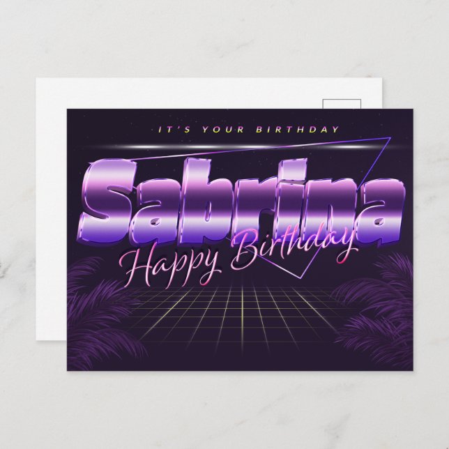 Sabrina Name Vorname lila Postkarte Geburtstag (Vorne/Hinten)