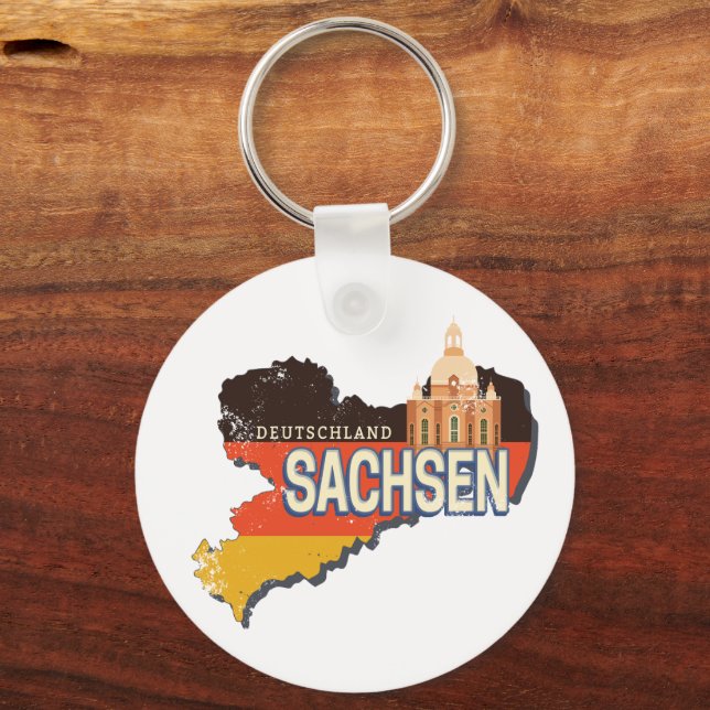 Sachsen Deutschland Retro Staat Karte Vintag Souve Schlüsselanhänger (Vorderseite)