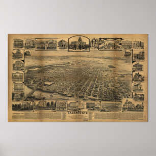 Sacramento CA Birds Eye Panoramabalkarte der 1890e Poster
