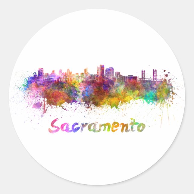 Sacramento skyline im Watercolor Runder Aufkleber (Vorderseite)