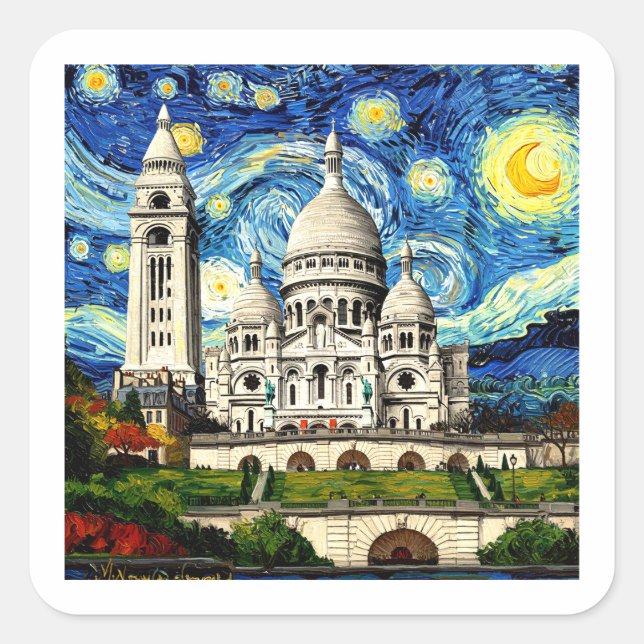 Sacre-Coeur Paris France Starry Night Quadratischer Aufkleber (Vorderseite)