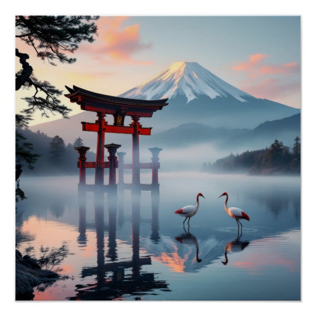 Sacred Dance: Red Crown Cranes at Fuji's Gate Poster (Vorderseite)