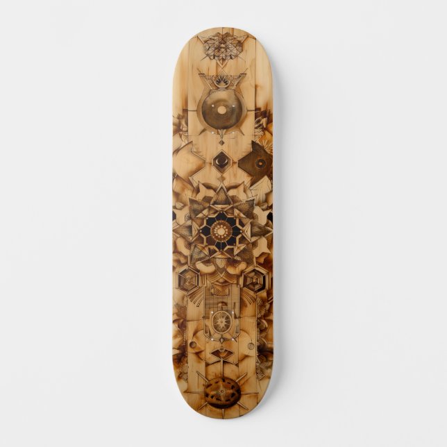 Sacred geometry skateboard, pryrography on wood skateboard (Vorderseite)