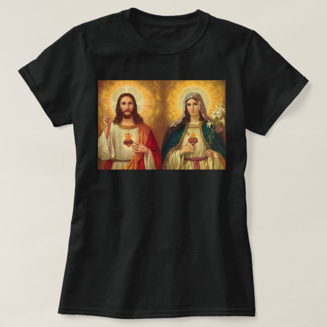 Sacred Heart and Immaculate Heart Picture Jesus an T-Shirt (Design vorne)