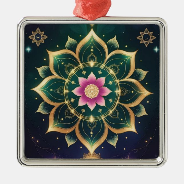 Sacred Lotus Moon Mandala - Celestial Aura Ornament Aus Metall (Vorne)