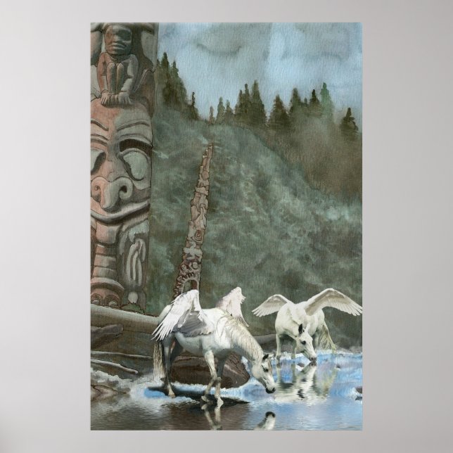 Sacred Pegasi, River and Totem Poles Fantasy Art Poster (Vorne)