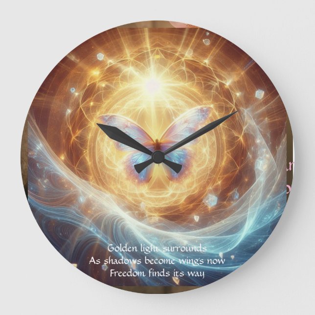 Sacred Transformation - Luminous Butterfly Clock Große Wanduhr (Vorderseite)