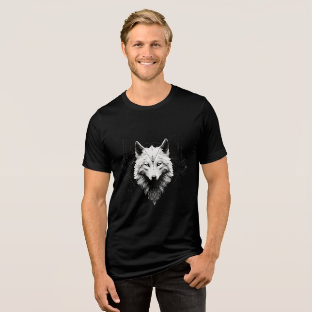 Sacred White Wolf – Geometric Spirit Design Tri-Blend Shirt (Vorderseite voll)