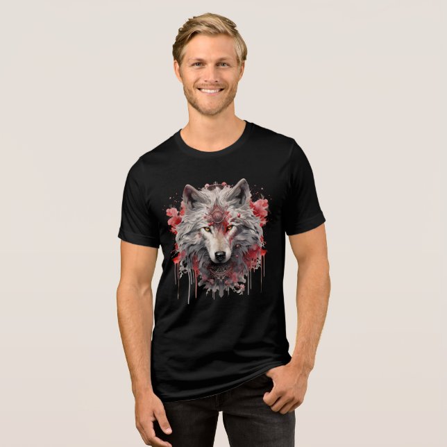 Sacred White Wolf – Ornate Red Mystic Art Tri-Blend Shirt (Vorderseite voll)