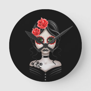 Sad Day of the Dead Girl on Black Runde Wanduhr