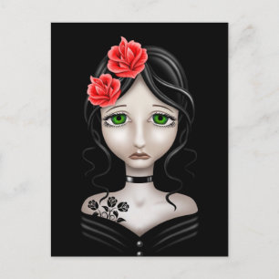 Sad Girl mit Rote Rosen auf Black Postkarte