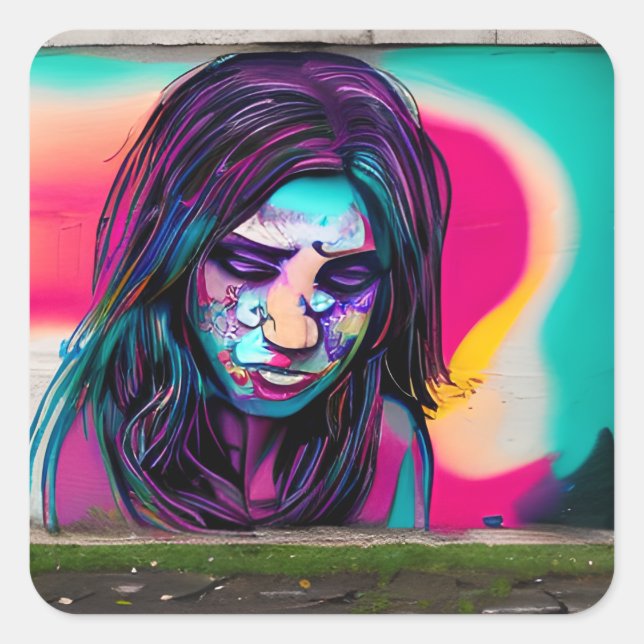 Sad Graffiti Girl | Farbenfrohe Street Art Quadratischer Aufkleber (Vorderseite)