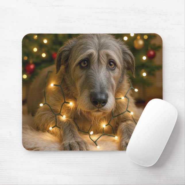 Sad Irish Wolfhound Tangled In Holiday Lights Mousepad (Mit Mouse)