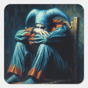 Sad Jester in Blau und Orange Quadratischer Aufkleber