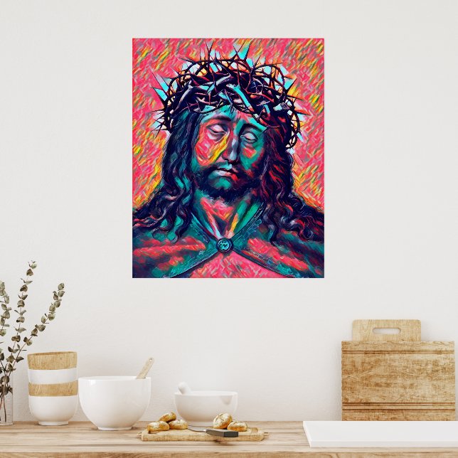 Sad Jesus Christus Gesicht Thorn Crown Abstrakte K Poster (Küche)