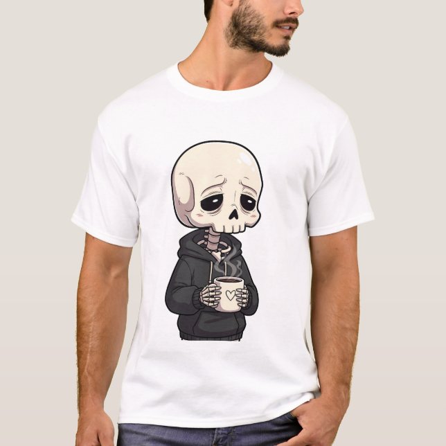 Sad Skeleton Wearing Hoodie Drinking Hot Coffee T-Shirt (Vorderseite)