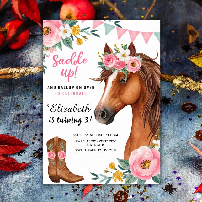 "Saddle Up" Blumenpferd & Cowgirl Stiefel Geburtst Einladung ("Saddle Up" Floral Horse & Cowgirl Boots Birthday Invitation
)