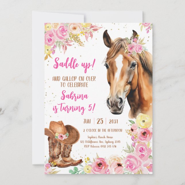 Saddle Up Horse Cowgirl Birthday Invitation Einladung (Vorderseite)