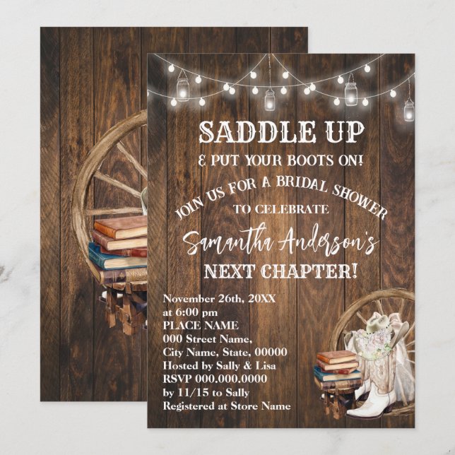 Saddle Up Put Your Boots & Books Bridal Shower Einladung (Vorne/Hinten)
