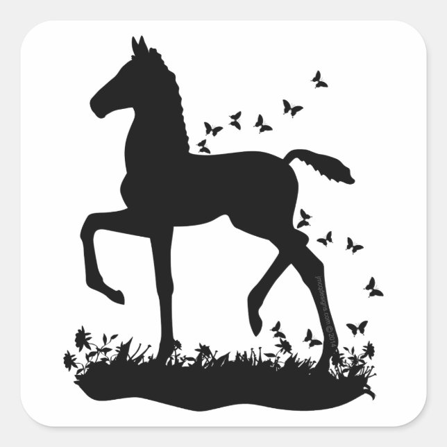 Saddlebred Foal Silhouette Butterfliegen Quadratischer Aufkleber (Vorderseite)